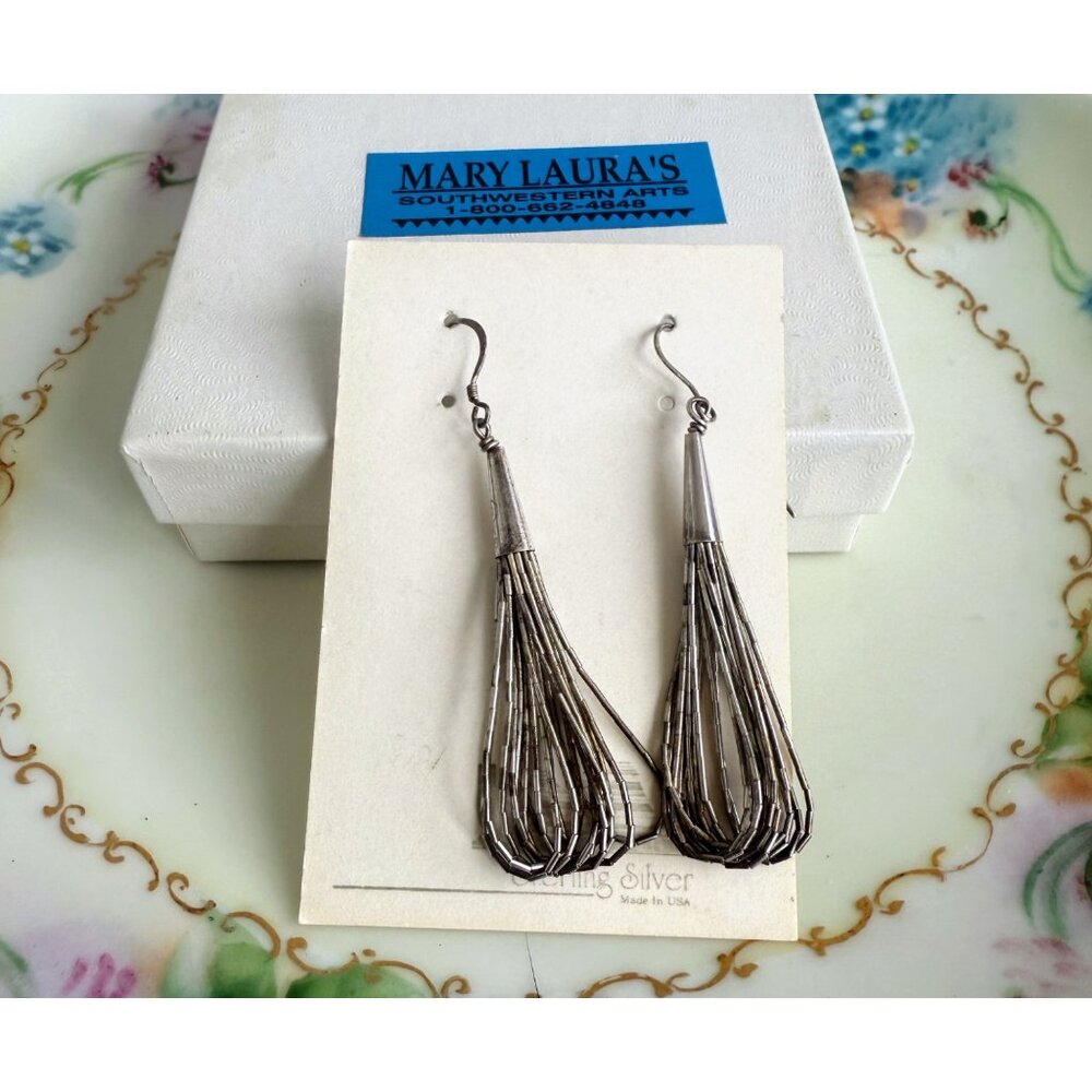 Vintage 90's 10 Strand Liquid Silver Navajo Dangle Earrings 925
